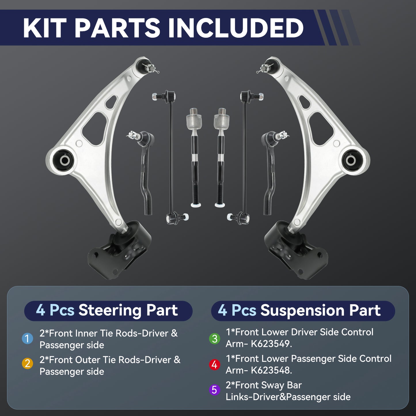 8Pcs Front Lower Control Arm W/Ball Joint Assembly Compatible with Honda Pilot 2016-2021, Ridgeline 2017-2021, Passport 2019-2021, Acura MDX 2014-2020