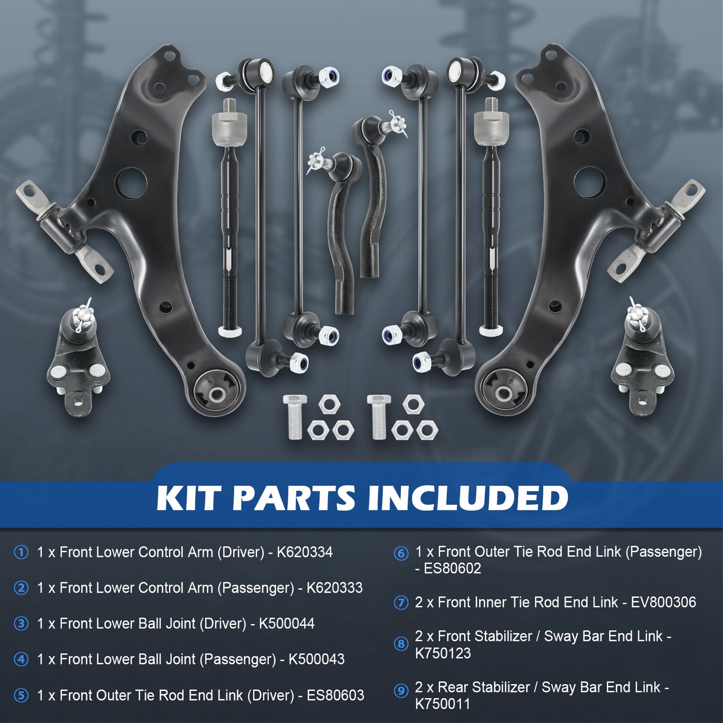 12pcs Front Lower Control Arms w/Ball Joints Compatible With 2007-2011 Toyota Camry,Replace K620334, K620333, K500044, K500043,Sway Bar Link